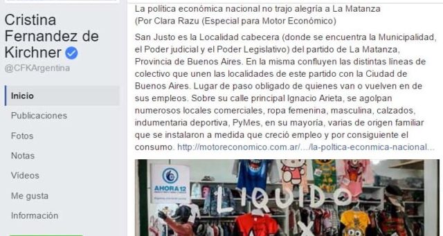 La expresidenta Cristina Kirchner se hizo eco de la situación económica que atraviesa La Matanza, demostrando una vez más la importancia política del Distrito. Días antes, la intendenta Verónica Magario había publicado un estudio en el que se detallaba la caída en las ventas en cada ciudad.